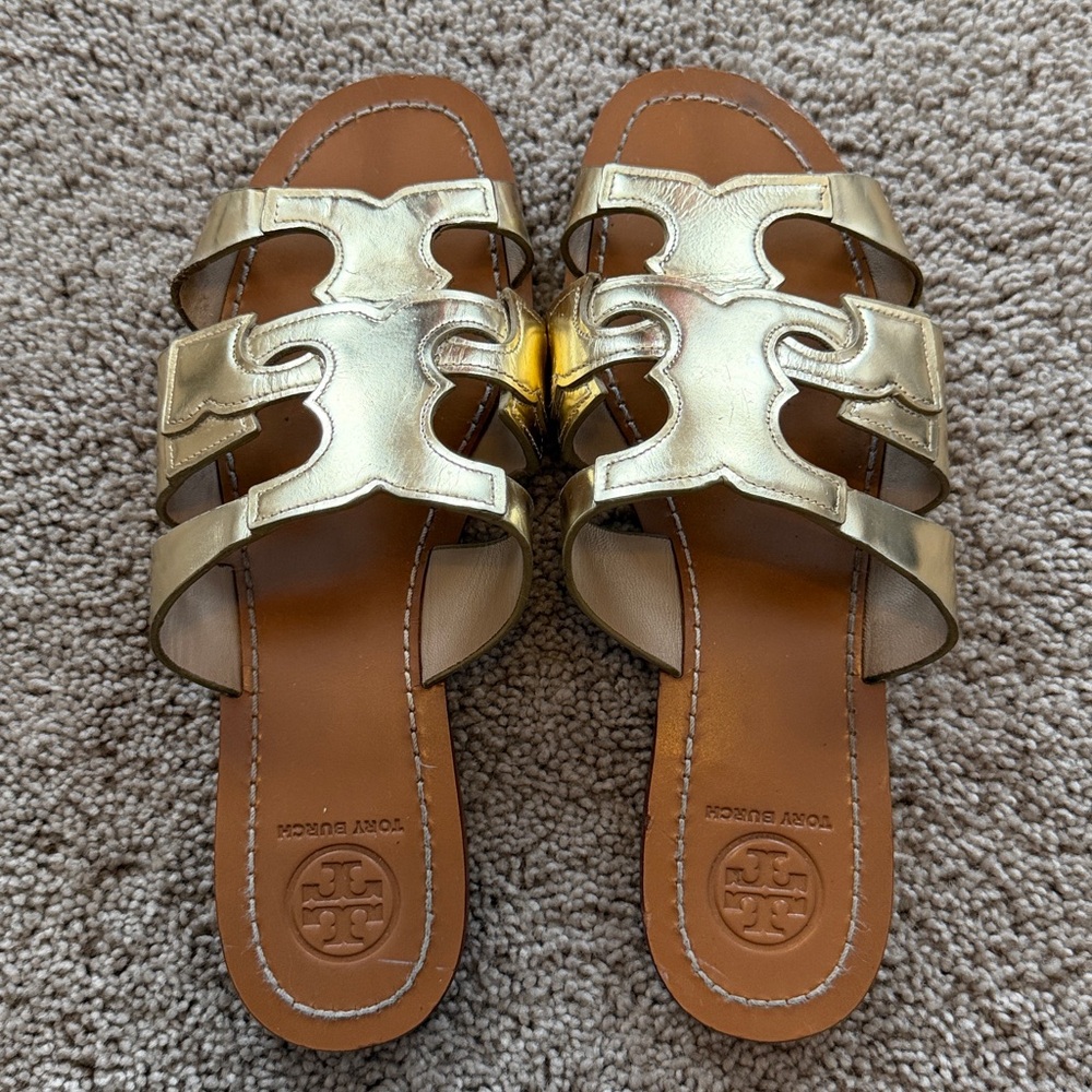 Tory Burch Anchor T Metallic Gold Slide Sandals - Picture 4 of 11